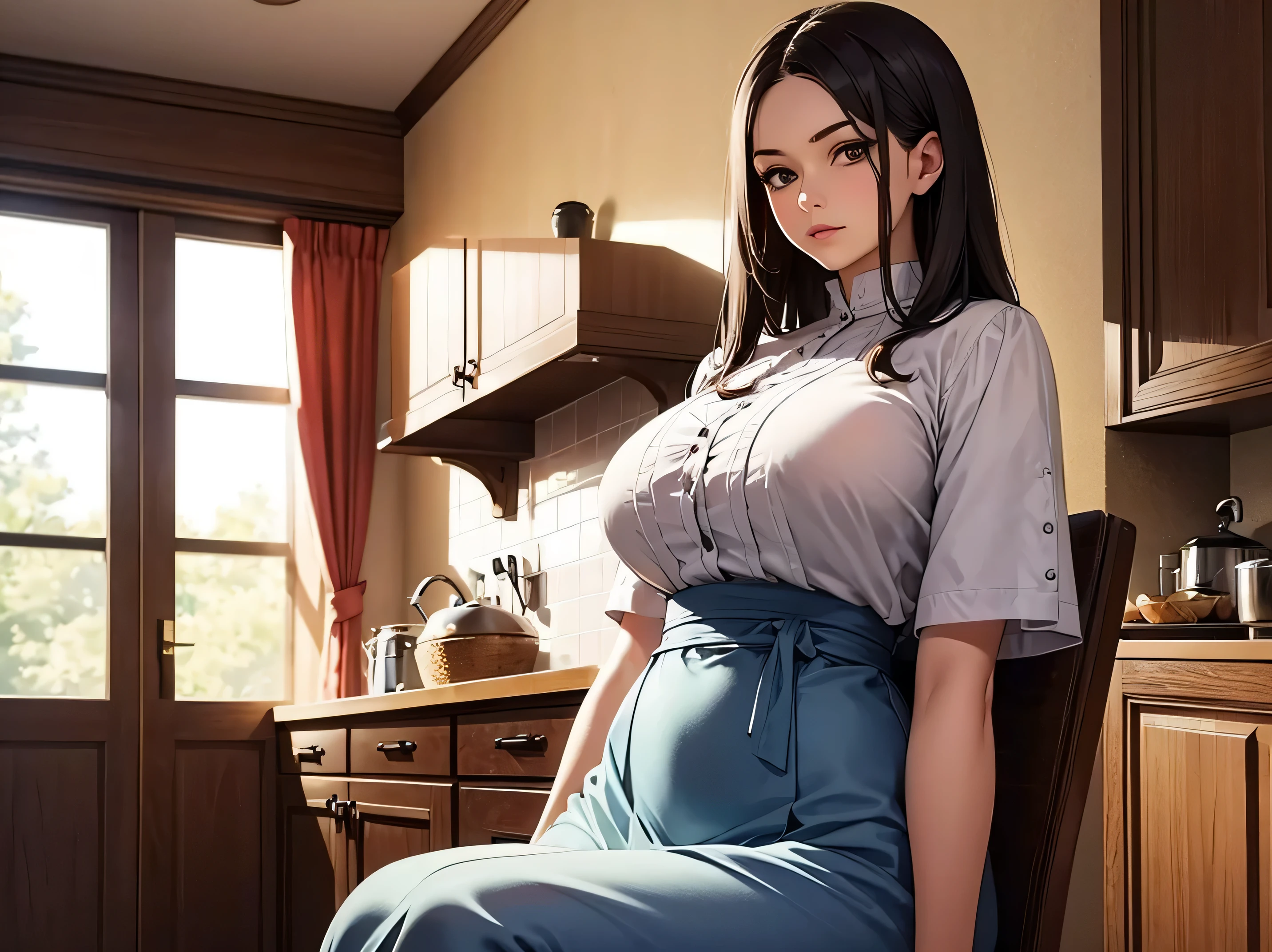(Mastery 1.5), (masterpiece), (Better quality) 8 K, (HDR photorealistic 1.5) (ultra detailed 1.5) one beautiful Slavic woman dressed in ordinary clothes standing in the kitchen with long black straight hair her face and body turned to the viewer her hourglass figure looks very beautiful she radiates a motherly aura she is 3 very feminine and attractive with a very huge bust which is reliably hidden, sits with legs spread wide apart, very correct body of the only woman
