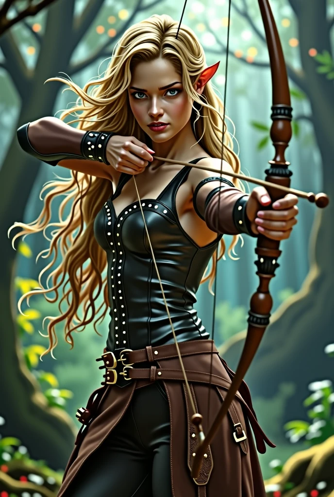 Women dark blond hair, fae, wirh bow, leather outfit, trousers