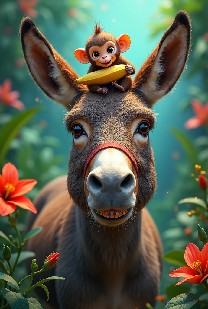 I want an image where a donkey with braces on its teeth appears and a monkey on top of it eating a banana in a jungle surrounded by bright colors and glitter.