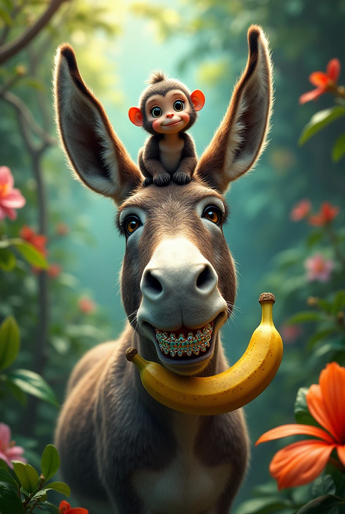 I want an image where a donkey with braces on its teeth appears and a monkey on top of it eating a banana in a jungle surrounded by bright colors and glitter.