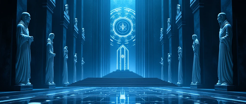 Design the homepage of a website for the Kingdom of Aetheria. The homepage should feature a grand, futuristic welcome with a sleek interface, including a logo of Aetheria, with a minimalist yet modern design, utilizing the symbols previously created to represent Aetheria.  a close up of a futurist room with statues and a big throne in the center. The overall theme should be clean, elegant, and futuristic. Blue and black color, ultra-resolution, intricately detailed, full shot, from face, 8k by Helmut Newton. 