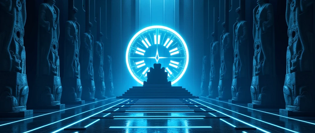 Design the homepage of a website for the Kingdom of Aetheria. The homepage should feature a grand, futuristic welcome with a sleek interface, including a logo of Aetheria, with a minimalist yet modern design, utilizing the symbols previously created to represent Aetheria. a close up of a futurist room with statues and a big throne in the center. The overall theme should be clean, elegant, and futuristic. Blue and black color, ultra-resolution, intricately detailed, full shot, from face, 8k by Helmut Newton.