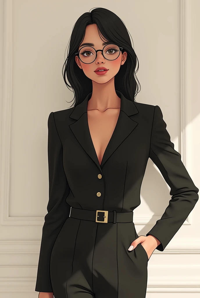 Draw a tall young woman with medium-long straight black hair, complexion media, black eyes with long eyelashes and round black glasses, light brown skin color, that she dresses feminine but elegant and modest and that she expresses her gender, which is heterosexual in full body.