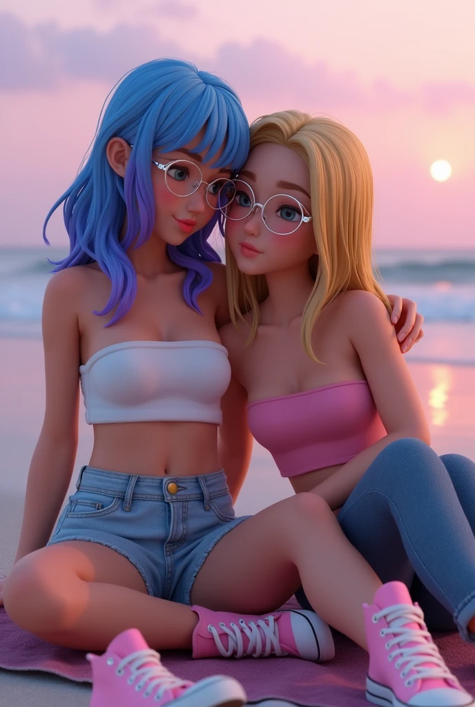 cheveux blonds, hair behind the ear, yeux violets, fille, adolescent, nu, topless, plage, lying down, vue de l'entrejambe, string, award winning, Best quality, high resolucion, 8k --auto