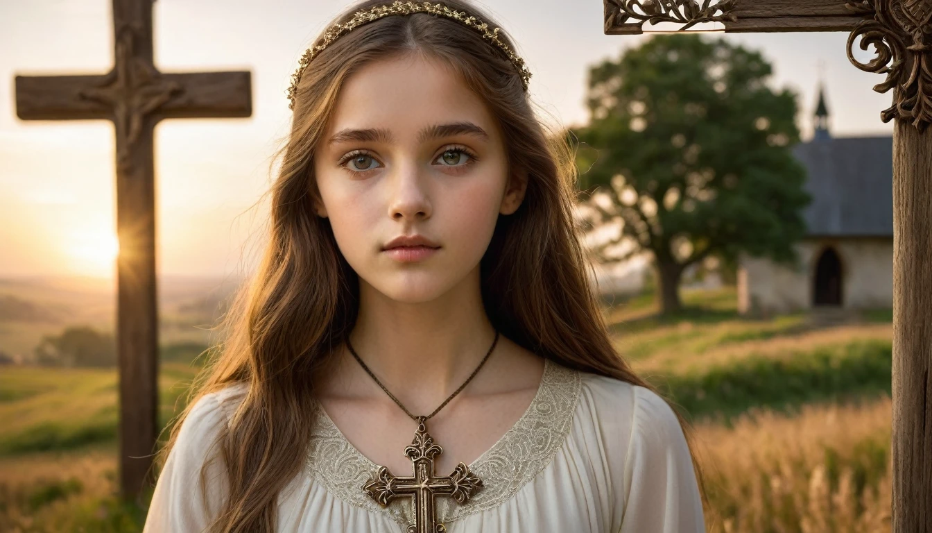 The French teenager is of petite stature and has smooth light brown hair, that reach up to her shoulders. Her eyes are big and green. She wears a simple, but elegant white dress in a muted color. She is wearing a pendant with a very small golden cross. She has a pure and innocent look. a majestic wooden cross stands behind her, decorated with filigree carvings. The cross is surrounded by soft mystical light, that fills the scene with a warm and calming atmosphere. The girl looks thoughtfully at the viewer in a religious meditation pose, while a touch of awe and peace flits across her face, middle ages mystical countryside in the background, sunset lighting