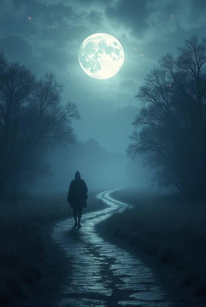 A quiet, mysterious night scene with a long, winding path illuminated by the soft glow of a full moon. The sky is covered with light, misty clouds, and stars gently shimmer above. The path stretches into the horizon, lined with trees whose leaves have started to fall. A lone figure walks along the path, silhouetted against the moonlight, heading toward the unknown. The atmosphere is peaceful yet melancholic, capturing the feeling of solitude and reflection. The color palette is muted with dark blues, deep purples, and silver hues, blending seamlessly into the ethereal night.