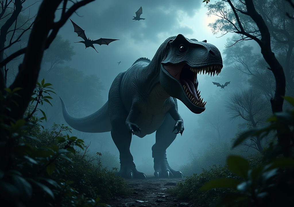frightful Tiranossauro Rex na floresta africana de noite. Bats flying. Terror. frightful. fear.