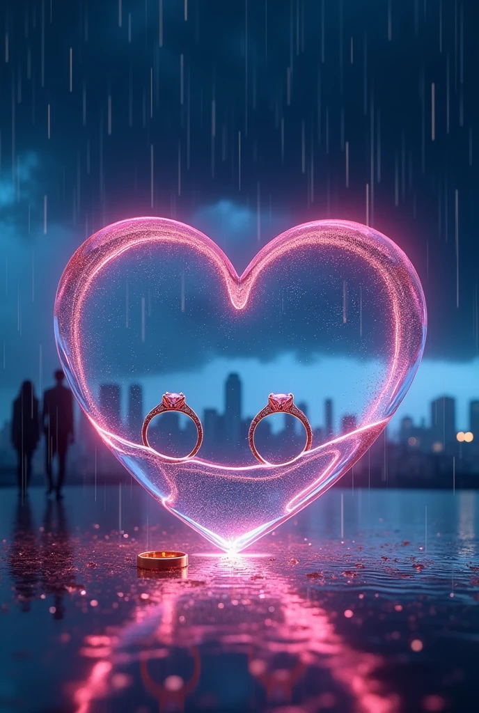 rain、Darken overall、Rain landscape、Distinct and Real City、The city in the background is clearly visible、A fantasy scene with blue and black as the main colors、Pink Heart、A couple&#39;s silhouette behind the heart、Cartier gold ring、Realistic cloudy sky、Angled three-dimensional glass open heart、Neon color、There are two engagement rings inside the glass heart、One ring is placed to the side and the other is held at an angle.、Fantasy、romantic、high resolution、Wide angle、distinct、Real、vivid、beautiful、masterpiece、panorama、extensive、Light and shadow details、The water is clear and shiny、The water faithfully reflects the scenery、ズームアウト✕3倍、