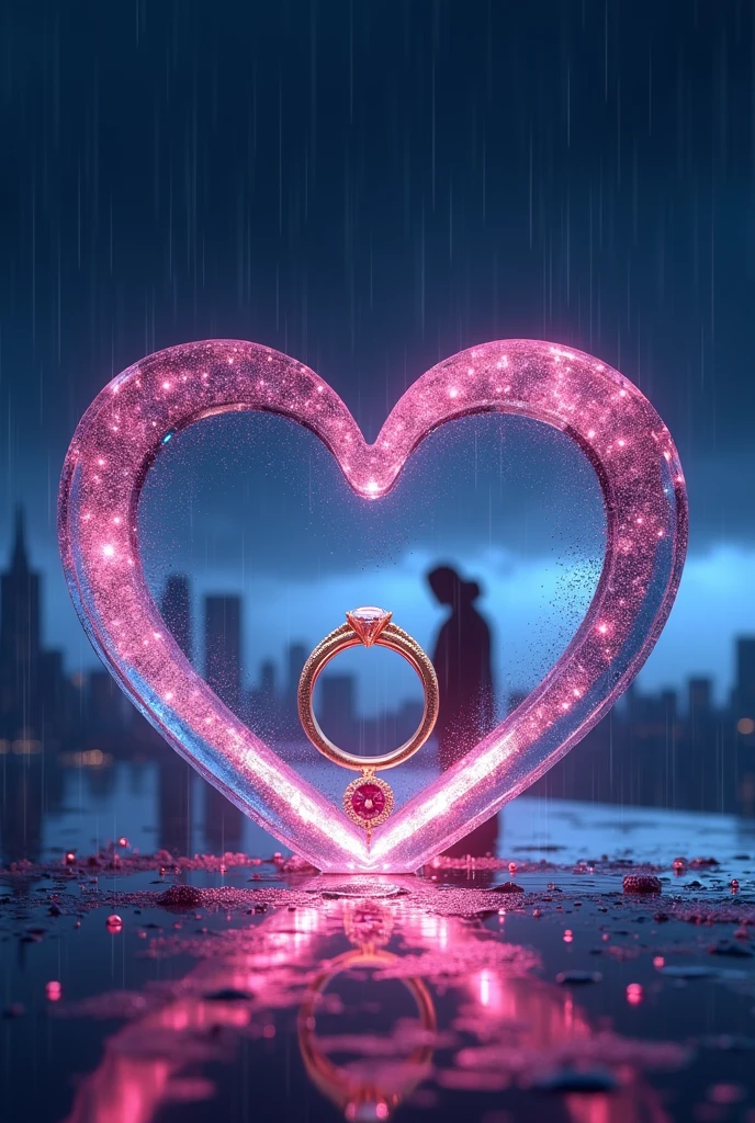 rain、Darken overall、Rain landscape、Distinct and Real City、The city in the background is clearly visible、A fantasy scene with blue and black as the main colors、Pink Heart、A couple&#39;s silhouette behind the heart、Cartier gold ring、Realistic cloudy sky、Angled three-dimensional glass open heart、Neon color、There are two engagement rings inside the glass heart、One ring is placed to the side and the other is held at an angle.、Fantasy、romantic、high resolution、Wide angle、distinct、Real、vivid、beautiful、masterpiece、panorama、extensive、Light and shadow details、The water is clear and shiny、The water faithfully reflects the scenery、ズームアウト✕3倍、