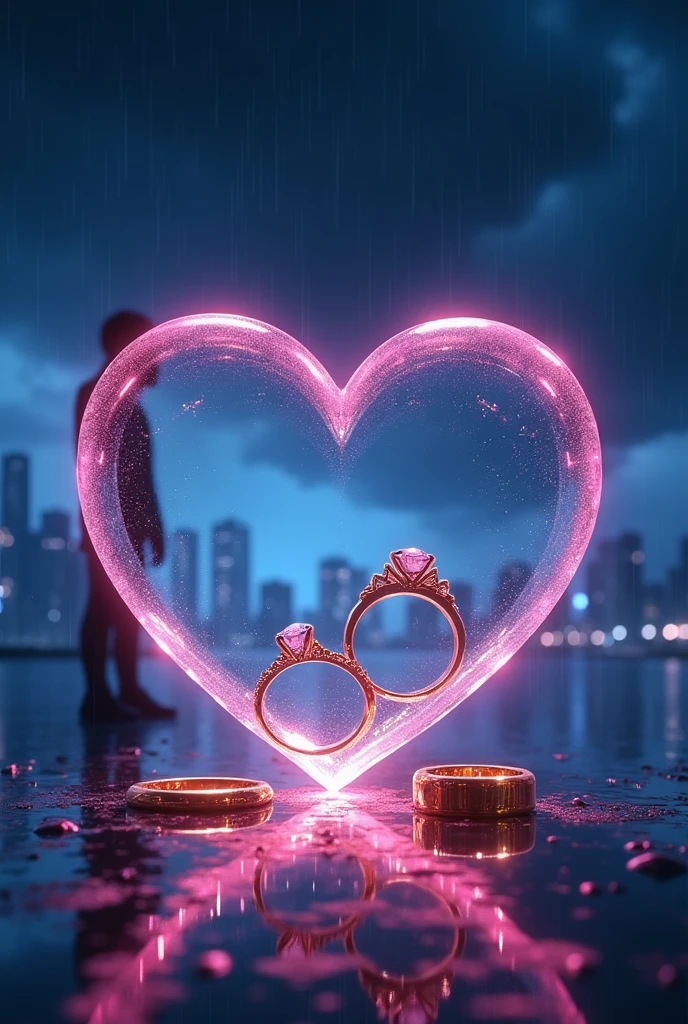 rain、Darken overall、Rain landscape、Distinct and Real City、The city in the background is clearly visible、A fantasy scene with blue and black as the main colors、Pink Heart、A couple&#39;s silhouette behind the heart、Cartier gold ring、Realistic cloudy sky、Angled three-dimensional glass open heart、Neon color、There are two engagement rings inside the glass heart、One ring is placed to the side and the other is held at an angle.、Fantasy、romantic、high resolution、Wide angle、distinct、Real、vivid、beautiful、masterpiece、panorama、extensive、Light and shadow details、The water is clear and shiny、The water faithfully reflects the scenery、ズームアウト✕3倍、