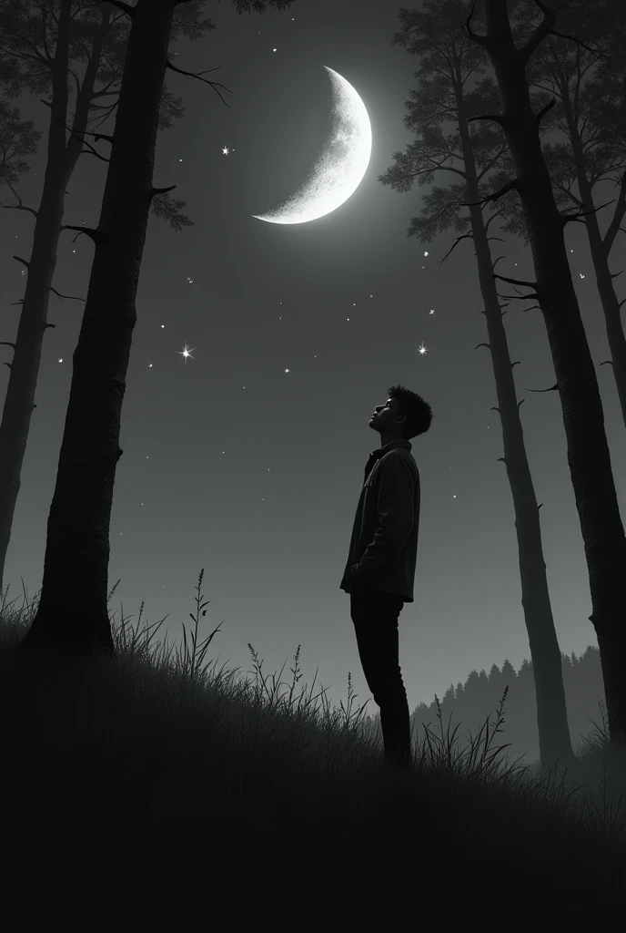 Age 30 Boy looking at the half moon at night standing on hill seeing Star long trees realistic aesthetic and black photo