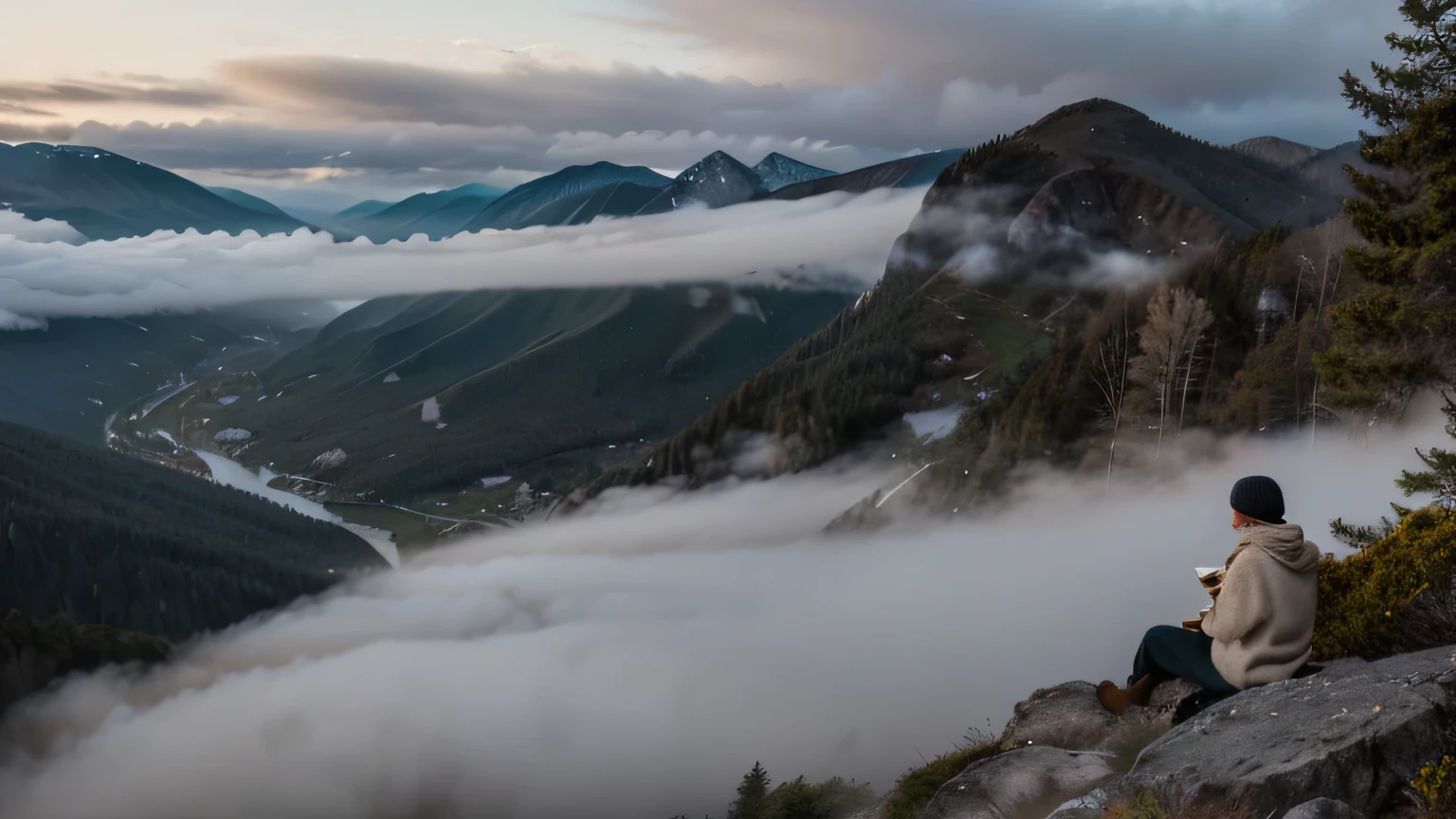 Create a scene of a woman sitting on the top of a mountain, holding a steaming cup of coffee. The atmosphere is cold and misty, with a thick fog rolling over the mountain peaks in the background. The woman is dressed warmly in a cozy sweater and a beanie, with her breath visible in the chilly air. She sits on a rock, looking out over the serene, mist-covered landscape, enjoying the quiet and solitude. The mood should evoke a sense of peace and introspection, with the fog adding a touch of mystery to the scene.
