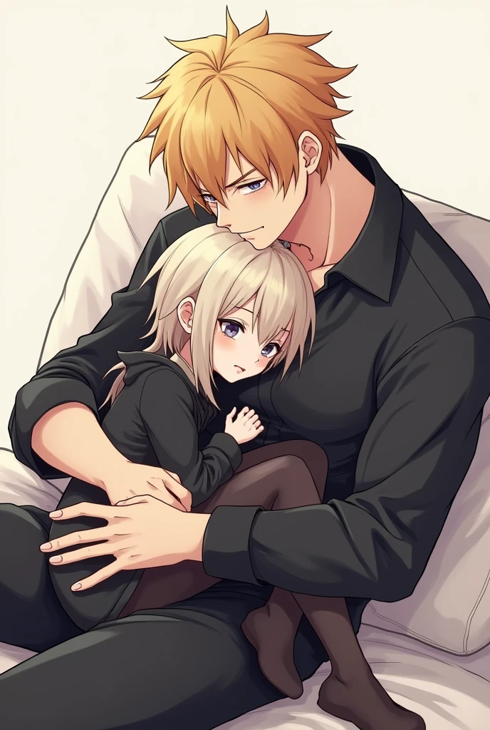 A very cute goth femboy boy with his strong blond boyfriend, they are very much in love with each other, The two spend a lot of time together and like to cuddle all the time., the femboy boy loves to be on his boyfriend&#39;s lap, they are both approximately 2, Image made with anime lines