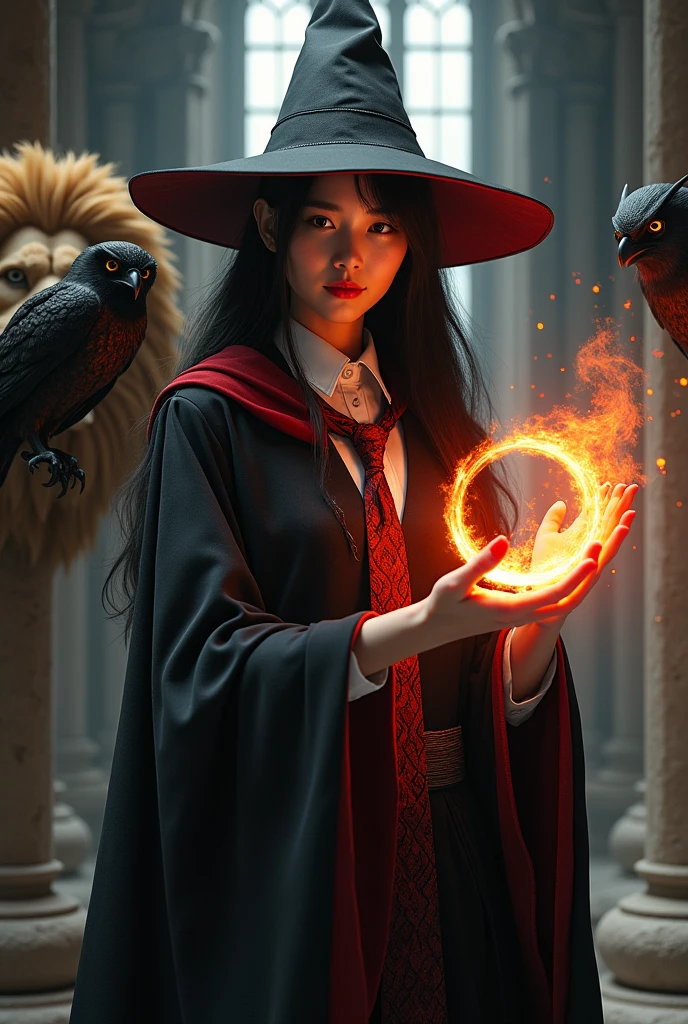 photo, asian woman, white skin, Facing straight, Fluffy black hair, Long slender fingers, Black witch cloak, Red Hood, black witch hat, White collared inner shirt, Red and white patterned tie, There is a fireball in his hand., There were several red sparks and red smoke coming out of his hand., A black owl stands on the right shoulder., A large golden lion appeared from the left rear side., The background is an old black European style castle.
