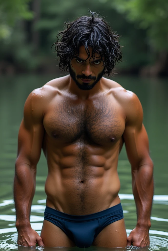 A mature Brazilian cafuzo boy naked in navy blue underwear bulge protruding standing in the water, hairy chest and hairy body, hairy chest, wet hairy bodies, hair on the chest, hairy chest, sparse hair on the chest, hairy bodies, bare hairy chest, hairy body, very hairy bodies, body hair, fluffy chest, hairy torso, thick, hairy neck and chest fuzz, partially male hairy torso, hairy arms.