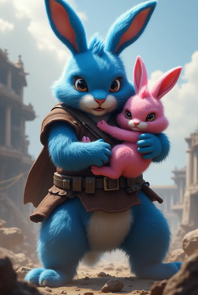 A Blue bunny with pink rabbit in hand at battle situation in realistic smile