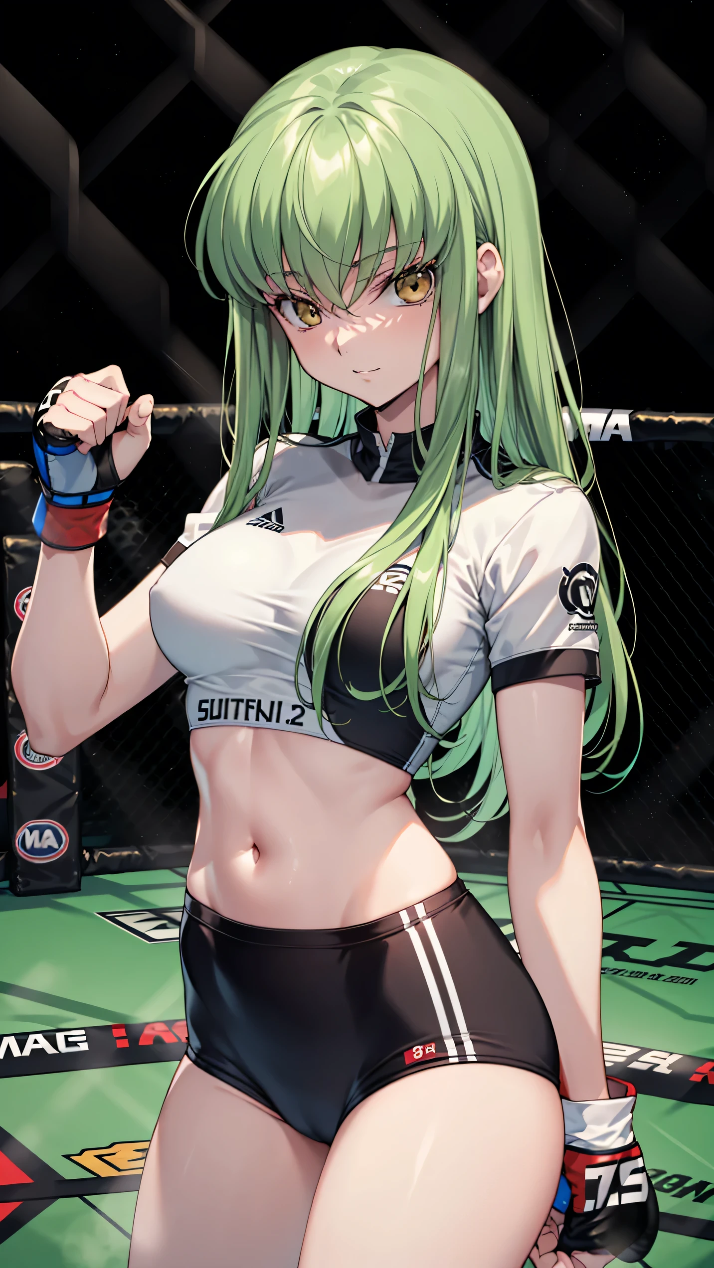 CC_Code Geass, Hair between the eyes, Very long hair 1 person, Bright light, smirking, alone, Cowboy shot, (masterpiece, Highest quality), 8k, Intricate details, (on MMA Arena :1.5), (wearing MMA uniform:1.5, white tops and black bottoms:1.3), thigh, belly button,Slender body,Slim,((Highest quality)), Sharp focus: 1.2, Highly detailed face, Highly detailed eye,Toned stomach,