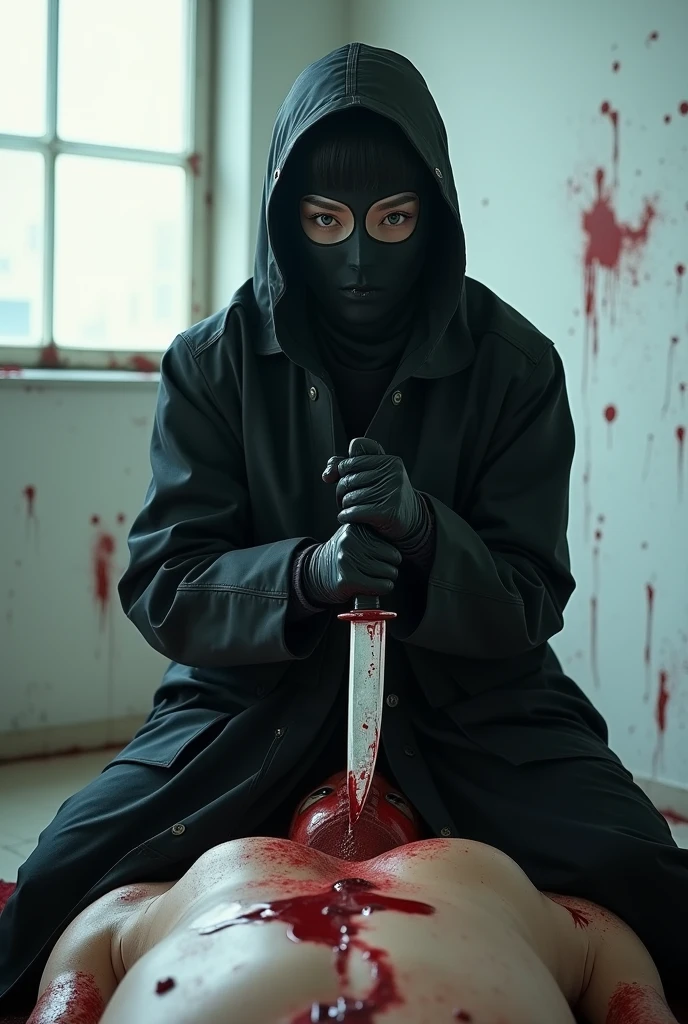 korean naked girl, (behind corpse, surgical mask), multiple girls, holding knife, stabbing, leather gloves, room full of blood, trucker hat, holding knife, leather gloves, behind corpse, blood splatter, short hair, night, mass murderer, robbery, in the house, 
