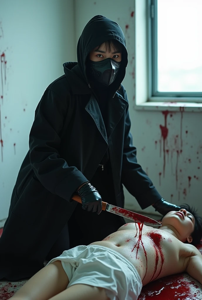 korean girl, (behind stiff, holding knife), stabbing, leather balaclava mask, black gloves, bloody room, black raincoat, bloody knife, black gloves, woman on top, white room, behind cadaver, blood splatter, on the bed, looking at viewer, mass murderer, killer, blood splatter, light from the window, close-up,
