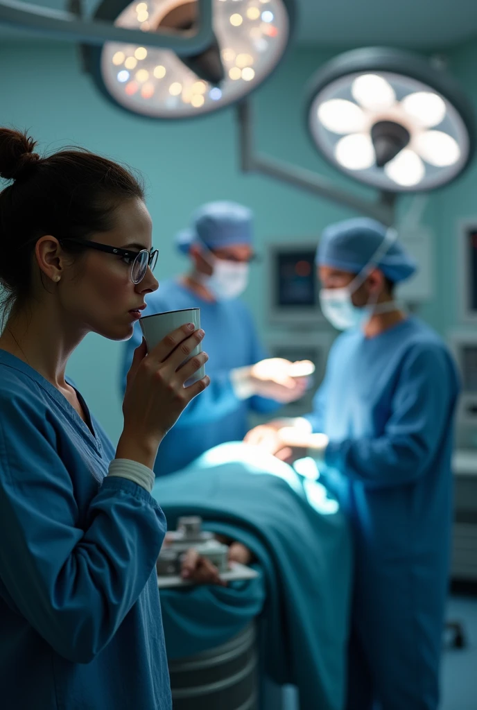 Anesthesiologist having cofee while surgens doing operation