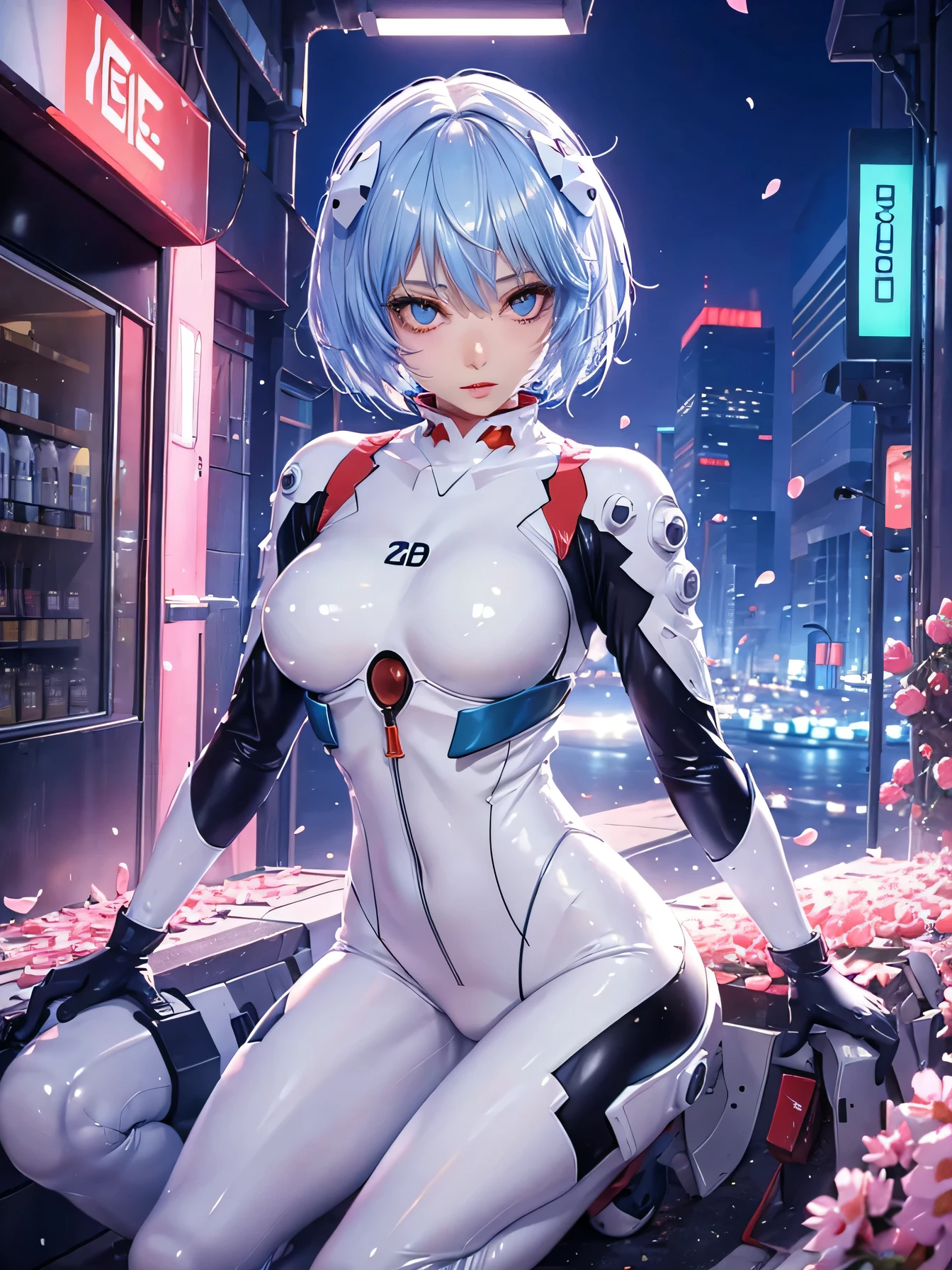 (Realistic, photoRealistic), ayanami_king, One Girl, Blue Shorthair, White hair ornament, ((White bodysuit, gloves)), Saiharu Body), Sit on the ground, (Cowboy Shot),(Tabletop, high quality, 最high quality), (colorful),(Delicate eyes and face), Volumetric Light, Ray Tracing, Highly detailed CG Unity 8k wallpaper,alone((Flying petals)),Outdoor, ((cyber punk)), Cyber City, ((Neon Trim)), night,(Cityscape),frontage,(Spread your legs)