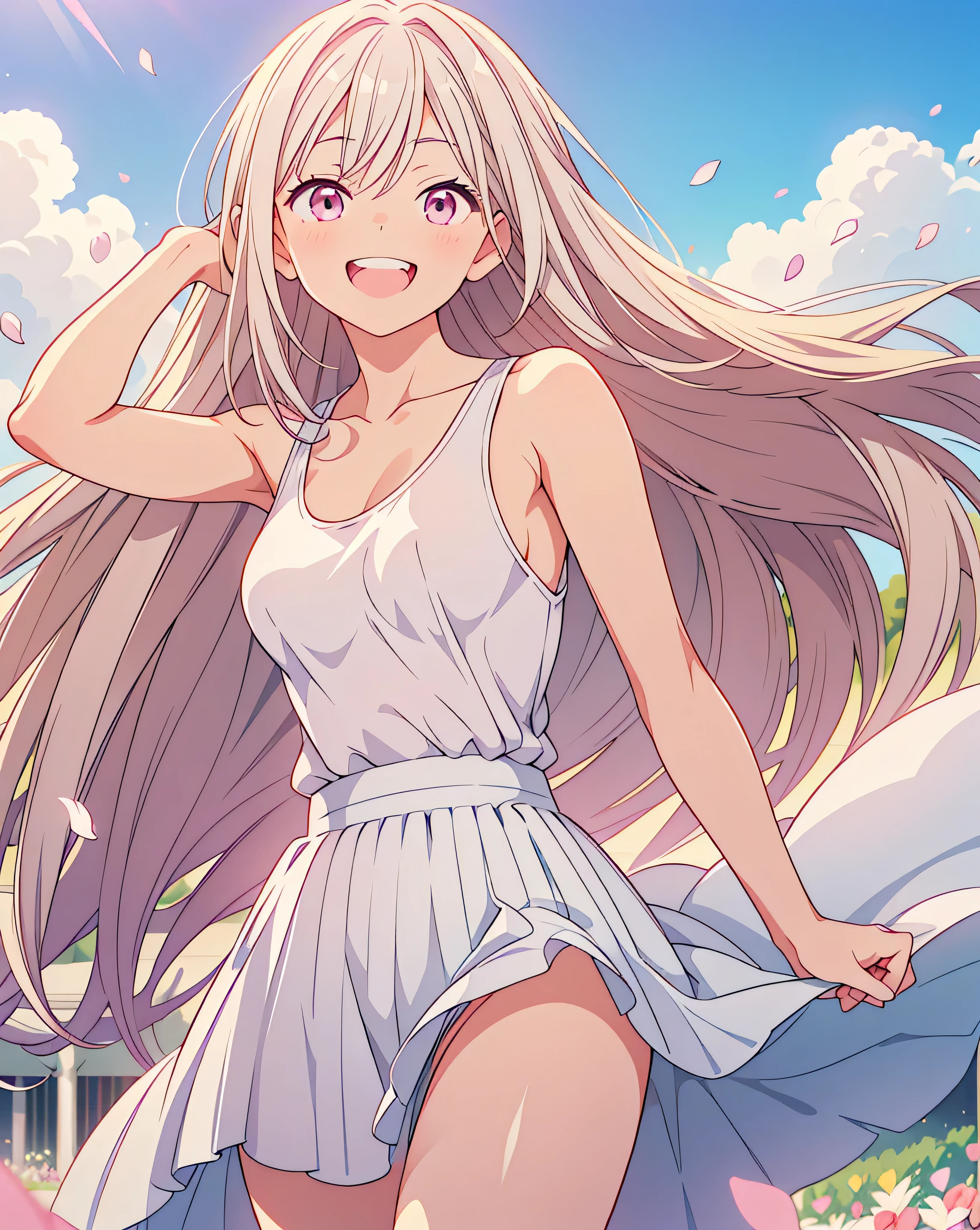 (Highest quality, 32K, High resolution, masterpiece:1.5, ), Illustration with anime touch, Rich emotional expression, An exceptionally beautiful face, Perfect Human Anatomy, Perfect hands, Thumb and4Finger, Cute Japanese Girl, Magic big eye, ((Mischievous smile:1.6)), Shiny beige hair, Super long straight silk hair swaying in the wind, Asymmetrical bangs, Hair between the eyes, transparent, Soft white skin, Sharp eyebrows, Thin lashes, Natural Makeup, Cheek Highlighter, Pale pink lips, (White tank top:1.2), Slim figure with ample breasts, Beautifully detailed skies, ((Vibrant petal effect:1.2)), mysterious