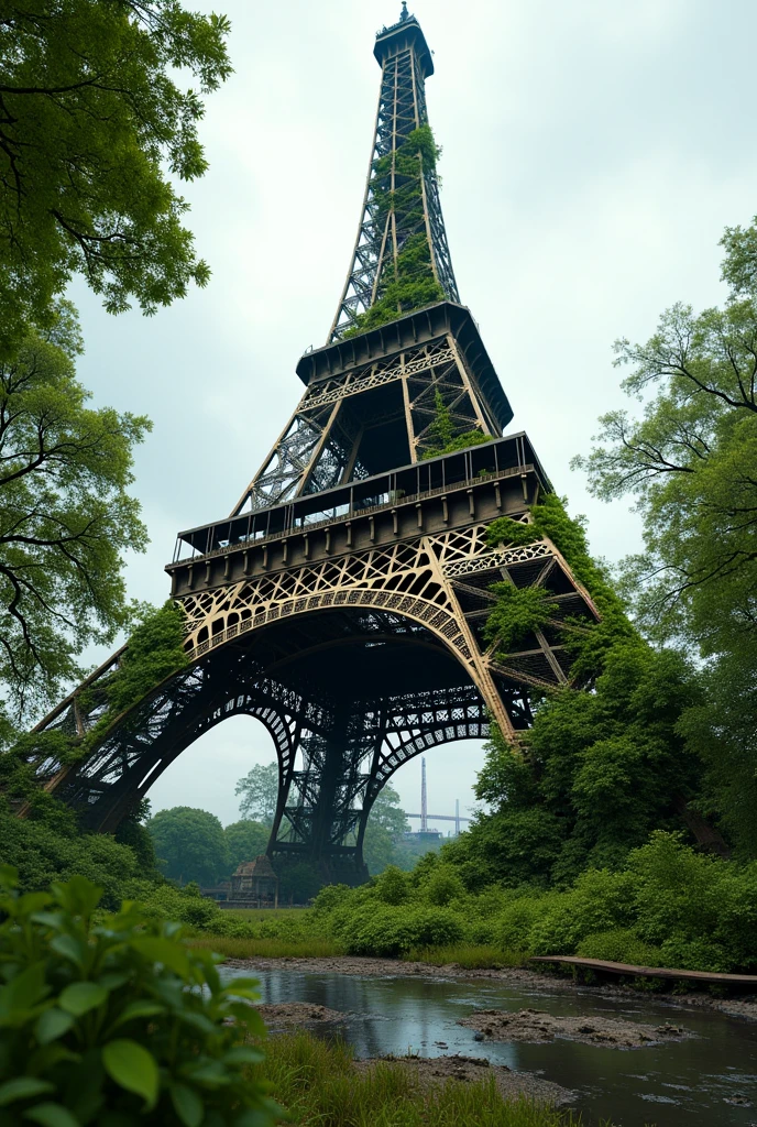 Je veux une photo ultra realiste de la tour Eiffel en mode urbex et en ruine envahit par une végétation luxuriante, on dirait une vraie photo, tout est détruit et cassé 