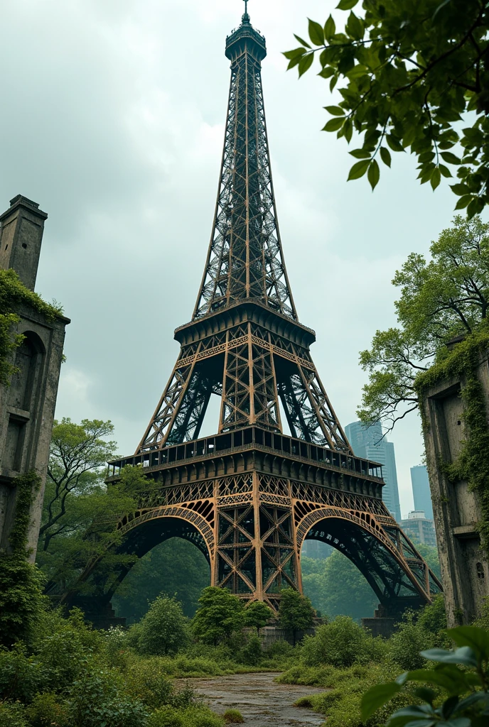 Je veux une photo ultra realiste de la tour Eiffel en mode urbex et en ruine envahit par une végétation luxuriante, on dirait une vraie photo, tout est détruit et cassé 