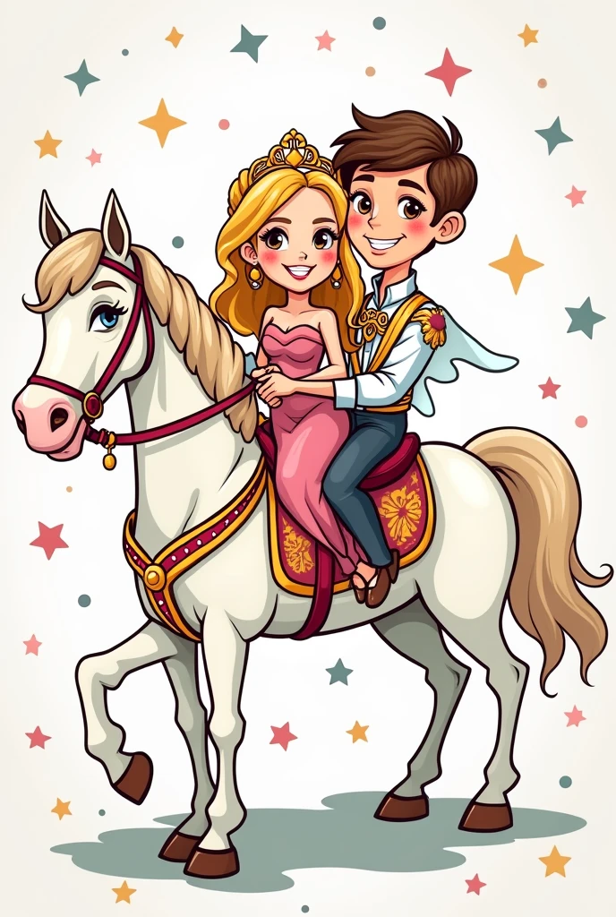 High detail vector drawing of a princess and prince's wedding on a white horse. The drawing is in a cartoonish way and they show their entire bodies in the picture. Colorful line art drawing. Vector drawing.