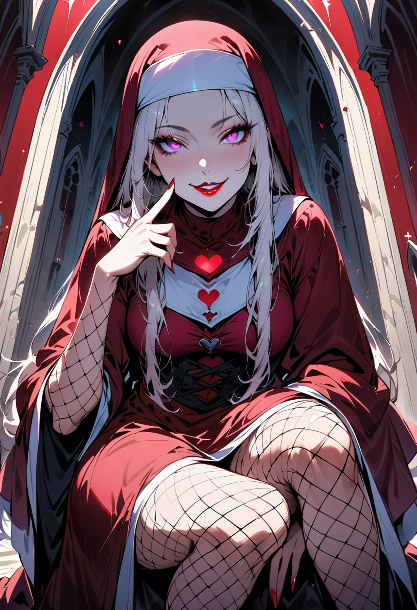 1 mature woman,(best quality,Highly detailed descriptions,Incredibly absurd high resolution,Anatomically accurate depiction,Charming bridges,glowing skin,skin like porcelain,perfect body),(Succubus disguised as a nun,An elaborately crafted robe,fishnet stockings),Eyelashes,(Glowing purple eyes,crazy eyes,With eyes half closed:1.5,There is a gap in my heart,evil smile,shiny red lips,Seductive gestures,Put your finger on your cheek.),whole body,background:chapel,Pink