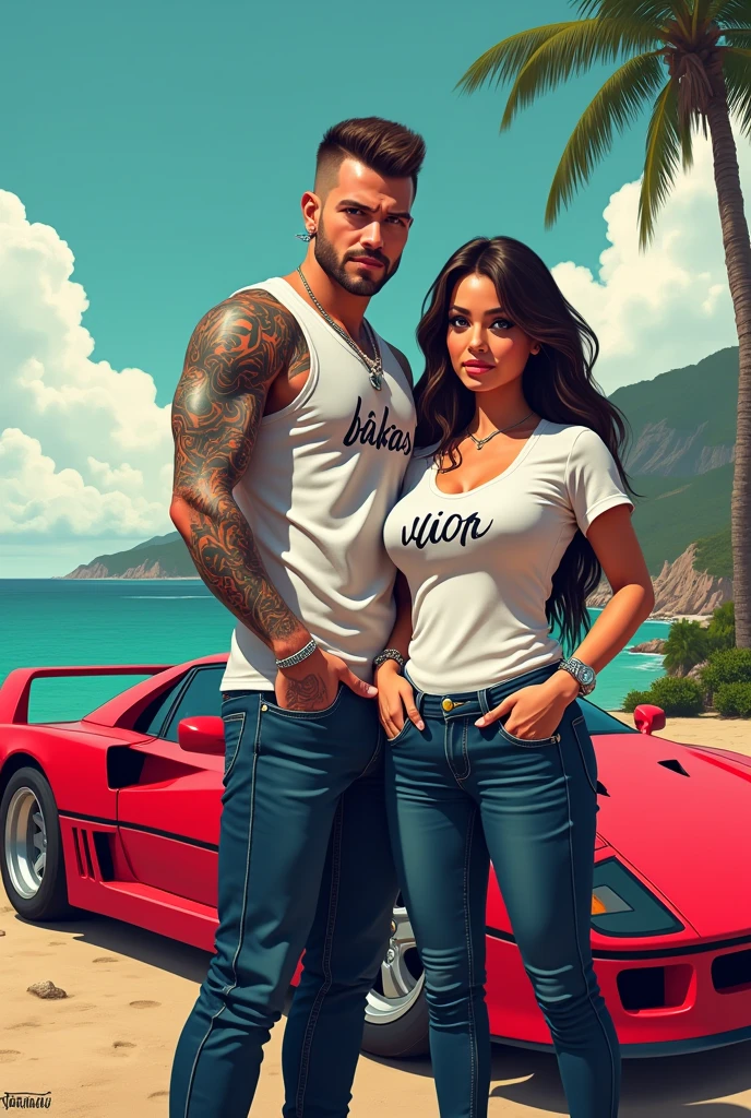 Draw a character of a tattooed man with pierced ears and wearing a t-shirt with the small words &quot;Babas&quot; written on the right chest.,with a girl next to him who has a big chest,with a t-shirt with a small vior written on the right chest and an f40 car behind him,with sea and mountain views