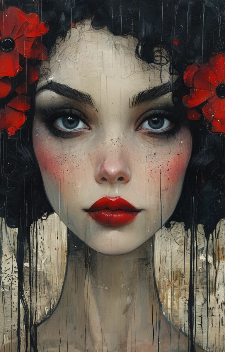 masterpiece,最high quality,Portrait of a girl wearing gothic fashion in street art style、Big eyes、Black eyeshadow、Black Hair、Twin tails、Red lipstick、Smile,figure,Diane Dillon Style,最高masterpiece、high quality、黄金比の構figure、