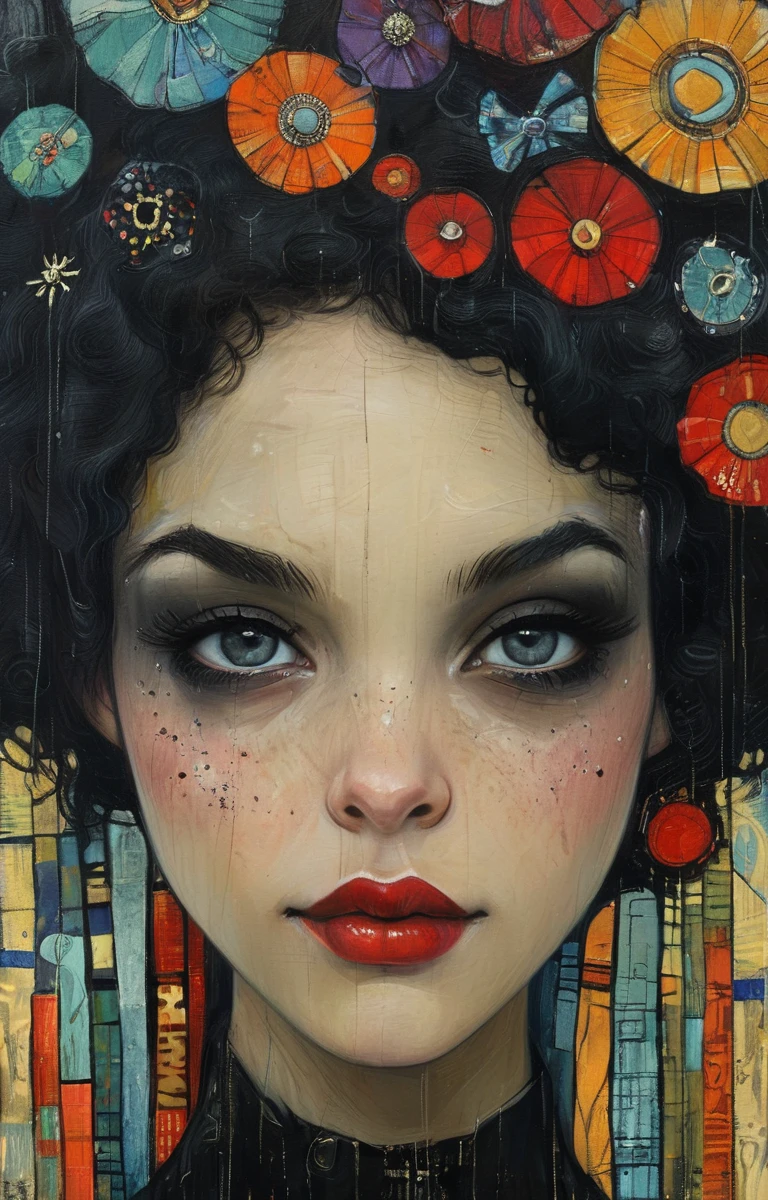masterpiece,最high quality,Portrait of a girl wearing gothic fashion in street art style、Big eyes、Black eyeshadow、Black Hair、Twin tails、Red lipstick、Smile,figure,Diane Dillon Style,最高masterpiece、high quality、黄金比の構figure、