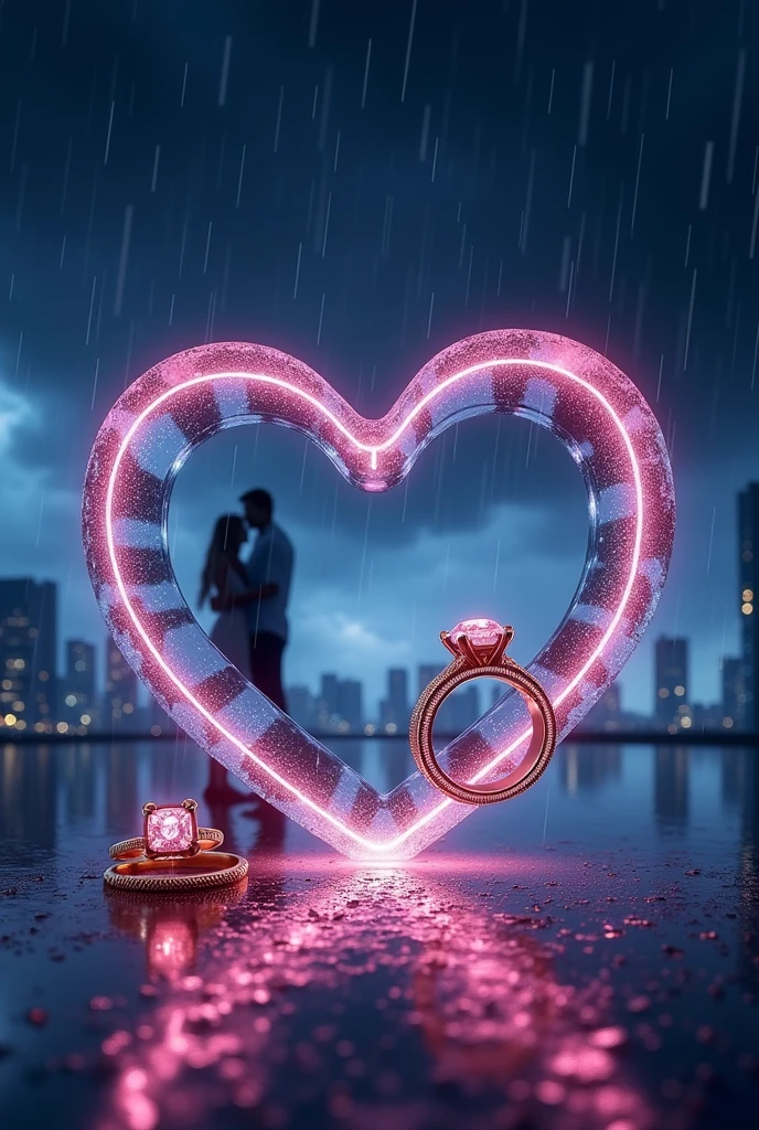 rain、Darken overall、Rain landscape、Distinct and Real City、The city in the background is clearly visible、A fantasy scene with blue and black as the main colors、Pink Heart、A couple&#39;s silhouette behind the heart、Cartier gold ring、Realistic cloudy sky、Angled three-dimensional glass open heart、Neon color、There are two engagement rings inside the glass heart、One ring is placed to the side and the other is held at an angle.、Fantasy、romantic、high resolution、Wide angle、distinct、Real、vivid、beautiful、masterpiece、panorama、extensive、Light and shadow details、The water is clear and shiny、The water faithfully reflects the scenery、ズームアウト✕3倍、