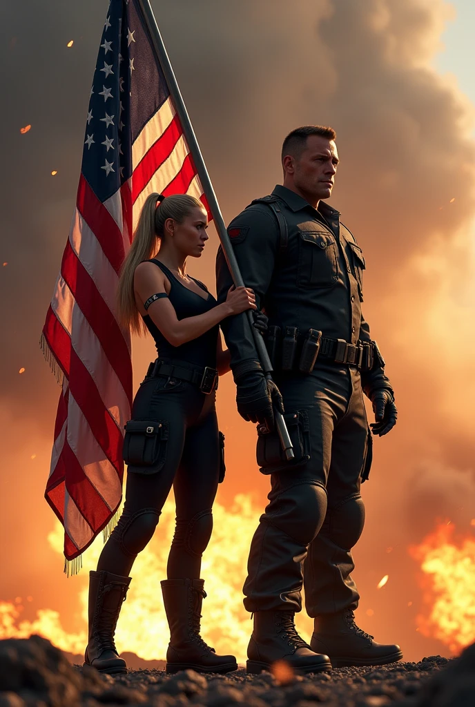 Gina Carano in a boack uniform with black boots and sandy blonde hair in two ponytails standing next to Tall muscular male with black uniform holding the American flag with fire and smoke