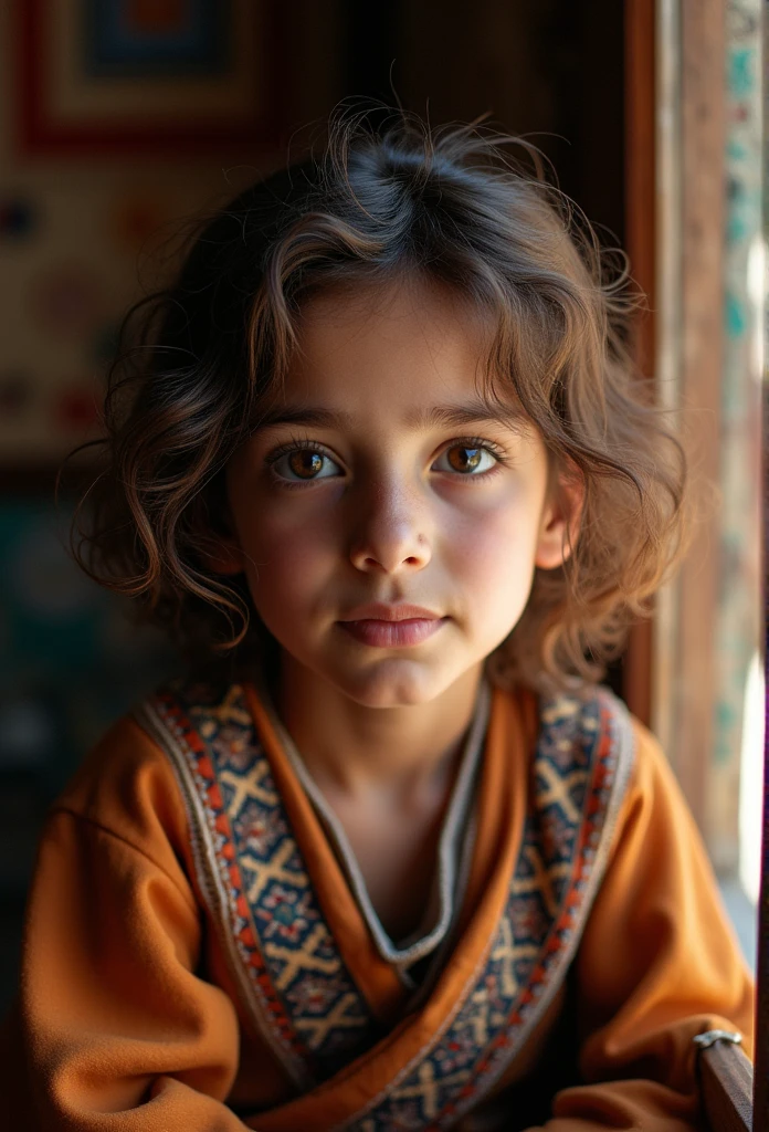 A close-up photograph of a young Rifian person with light brown eyes and brown; light skin hair, wearing traditional Amazigh attire. They are sitting by a window, with soft, warm sunlight streaming in and highlighting the intricate patterns of their clothing. The expression on their face is contemplative, capturing a sense of curiosity and inner strength. The background is softly blurred, with hints of traditional Rifian decorations, adding depth and cultural context to the scene