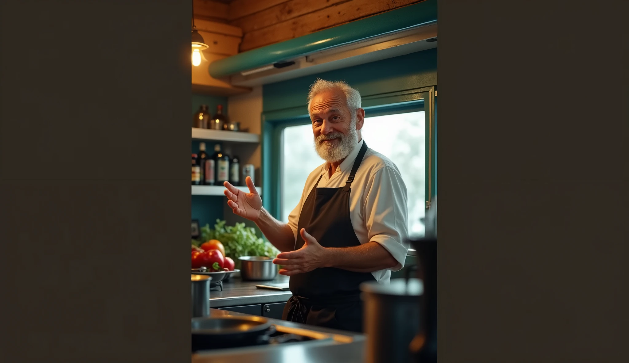 Smiling old man chef in food truck very realistic 8k without a chef hat