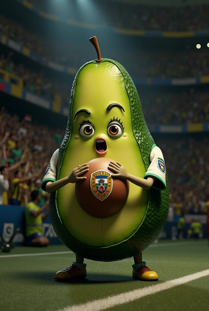 An avocado personified in human form, with the Honduras national team shirt in the stadium shouting