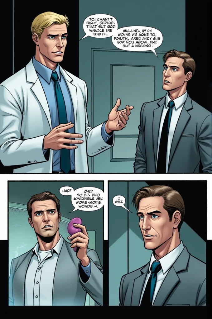 **Panel Description:** Doc Sheddon explains Tom Sattler’s wound while Harry listens intently. Doc Sheddon, in a lab coat, gestures as he explains, and Harry, in a grey suit with a loosened tie, focuses on him. The medium shot from the side captures both their expressions and actions in the autopsy room at the Forensic Center.