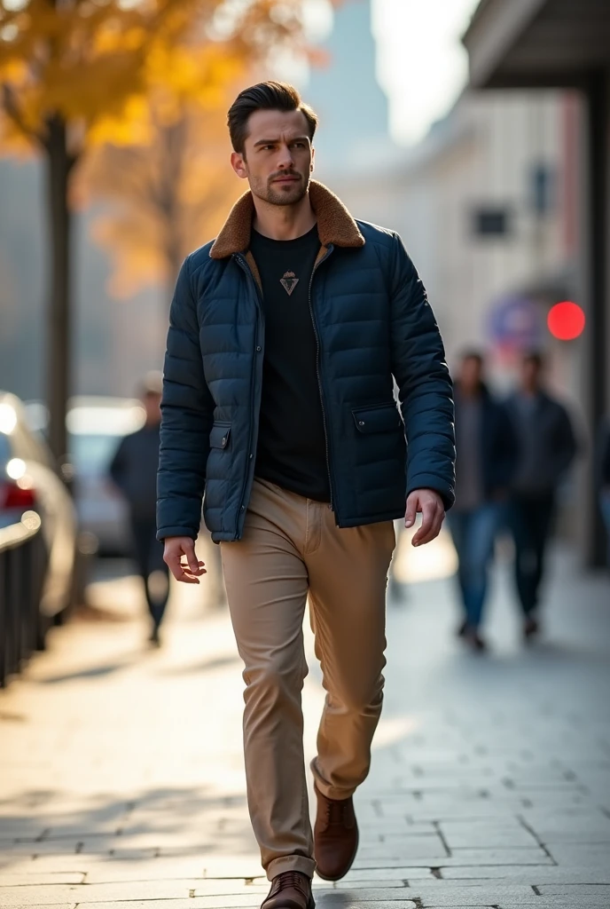 фото full length идущего по городу русского мужчины, Medium height, 35 years, walks along the sidewalk along the road, black hair, Sports figure, broad shoulders, a neat stylish hairstyle, wide cheekbones, smart casual look, Lightweight quilted jacket in dark blue with a brown collar, черная Tight T-shirt с треугольным воротом, Tight T-shirt, beige chinos, brown oxford shoes, warm autumn, Early autumn, Sunny weather, walking through the city, looks ahead, Stylish look, Men's fashion, Men's style, thoughtful look, full length, free pose, dynamic pose, solar lighting, daylight, black hair, blunt bangs, Serious, expressionless, atmospheric perspective, bokeh, f/1.8, 85mm, Nikon, depth of field, uhd, masterpiece, accurate, anatomically correct, textured skin, super detail, high details, high quality, highres, 4K