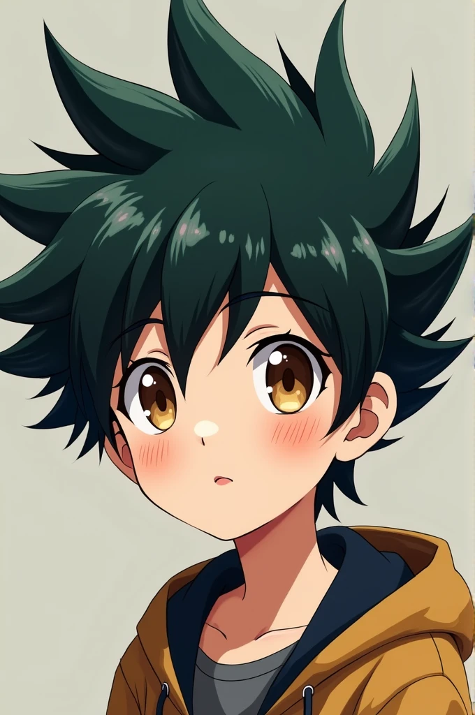 YOU COULD CREATE A CHARACTER WITH ANIME AESTHETICS THAT HAS BLACK HAIR WITH DARK GREEN SPIKED UP, A WELL-DEFINED FACE THAT TRANSMITS INNOCENCE, KINDNESS, LIGHT BROWN EYES