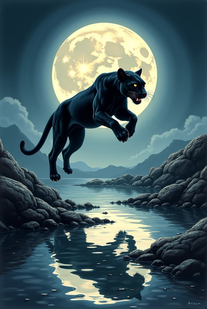 They create a drawing of a full moon setting and a panther jumping over the moon and the mirrors