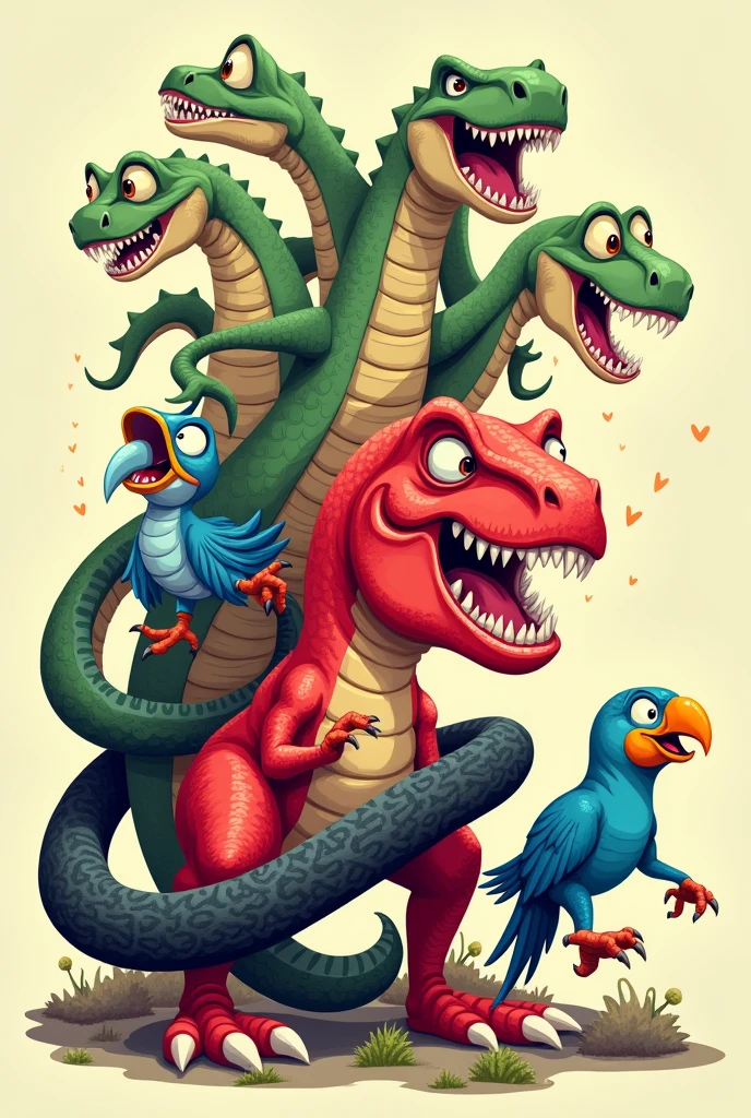 Cartoonish drawing of a red T-rex being attacked by a black snake, a blue macaw, and a green 3-headed hydra 