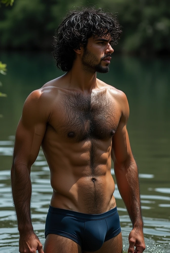 A mature Brazilian cafuzo boy naked in navy blue underwear bulge protruding standing in the water, hairy chest and hairy body, hairy chest, wet hairy bodies, hair on the chest, hairy chest, sparse hair on the chest, hairy bodies, bare hairy chest, hairy body, very hairy bodies, body hair, fluffy chest, hairy torso, thick, hairy neck and chest fuzz, partially male hairy torso, hairy arms.