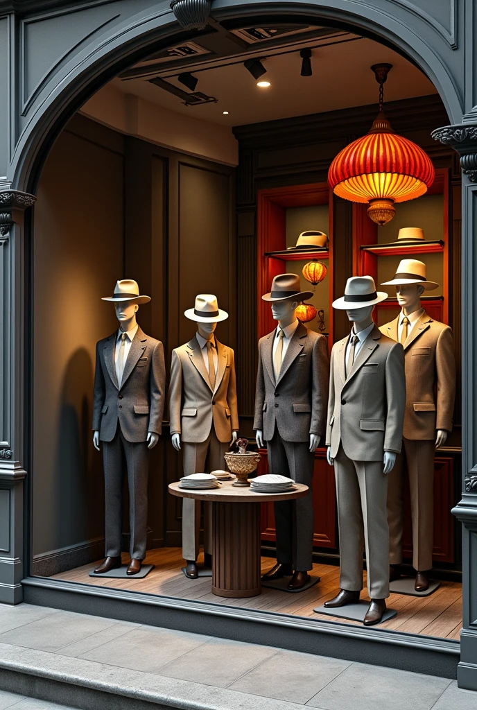 Vintage men's fashion store facade a mannequin hats retro glass elegant retro maximalist style lampshade