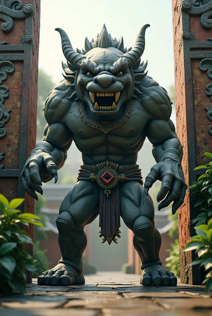 A highly detailed and realistic digital art of a fearsome and powerful guardian spirit statue standing at the gate of a Thai temple, inspired by Thai legend.
