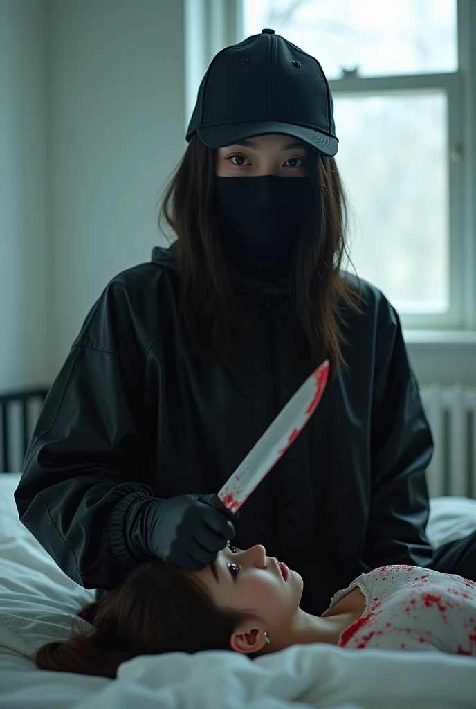 korean girl, (behind stiff, holding knife), stabbing, black balaclava mask, black gloves, white room, black raincoat, black wet suit, trucker hat, bloody knife, black gloves, low pony tail, woman on top, behind cadaver, blood splatter, on the bed, girl only, looking at viewer, mass murderer, killer, blood splatter, atmospheric realistic, light from the window,
