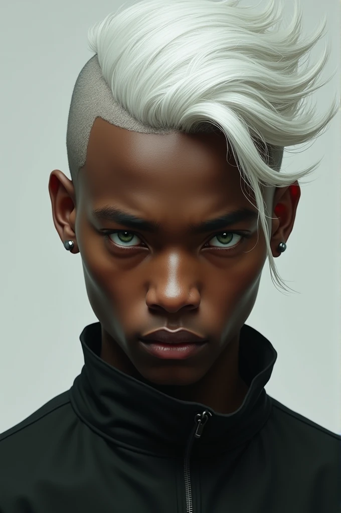 young man with white hair, half shaved, dark skin, green eyes