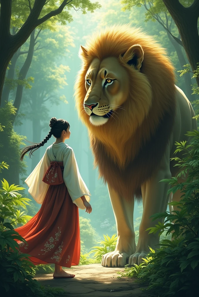 Miko approaches Aslan cautiously, asking the great lion to teach him how to be brave in such a vast and intimidating jungle.