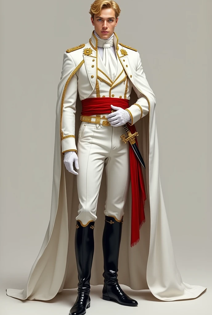 A 2 young man, completely blonde with golden hair and piercing blue eyes, embodies royal elegance. With an athletic and perfect figure, see a princely uniform from Monaco: a white evening jacket with gold details, a red velvet band crossing her torso, and white skinny jeans complemented by shiny black boots. White gloves and a ceremonial sword at his side complete his impeccable appearance., highlighting its majestic and distinguished bearing.